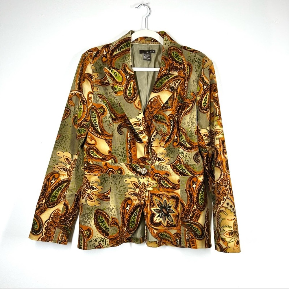 VINTAGE Y2K Corduroy Paisley Blazer Jacket 70s Hippie Streetwear Boho Orange